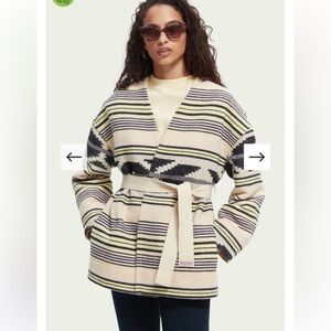 Scotch & Soda Ikat Jacquard Wool Multicolor Belted Southwest Stripe Jacket,  XS